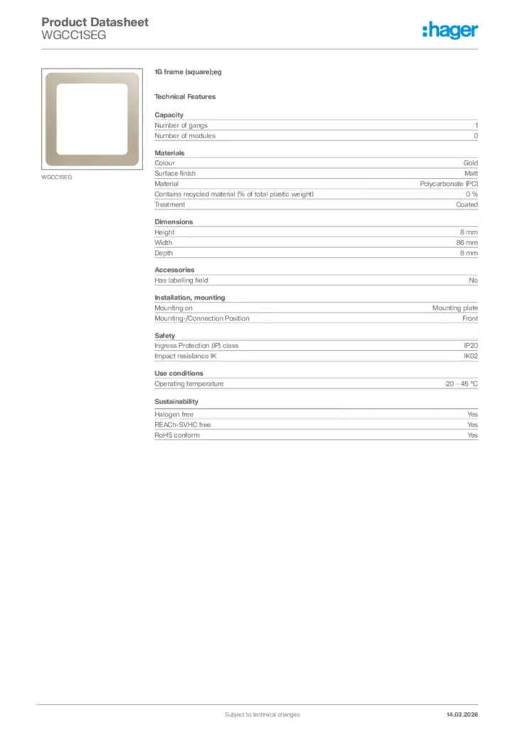 Image Hager Product data sheet WGCC1SEG  | Hager Africa