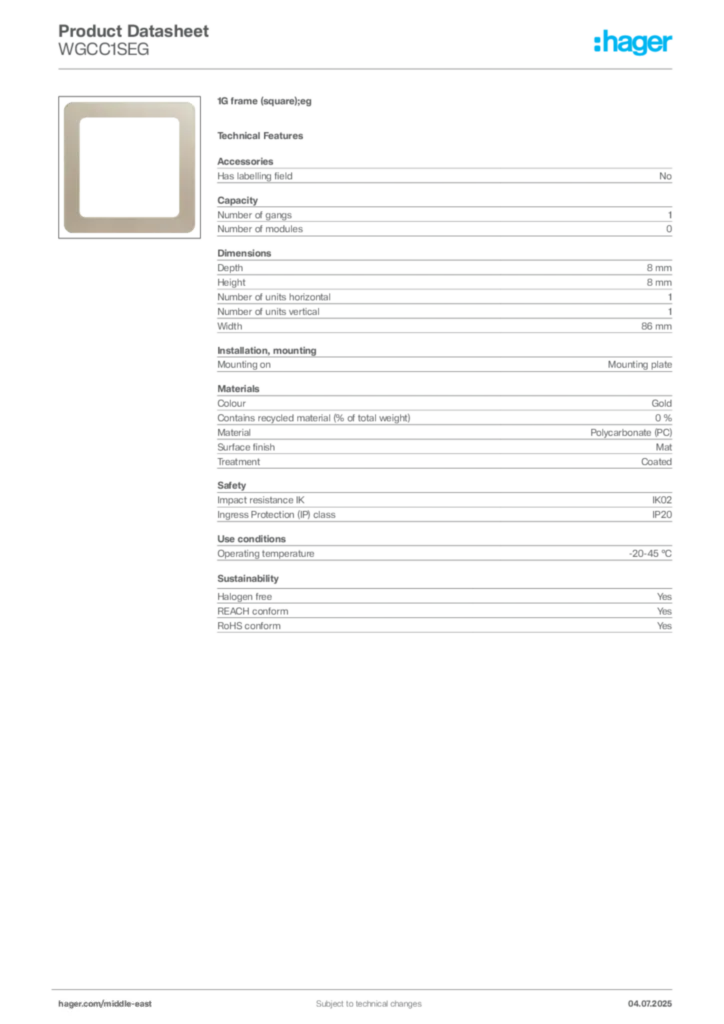Image Hager Product data sheet WGCC1SEG  | Hager