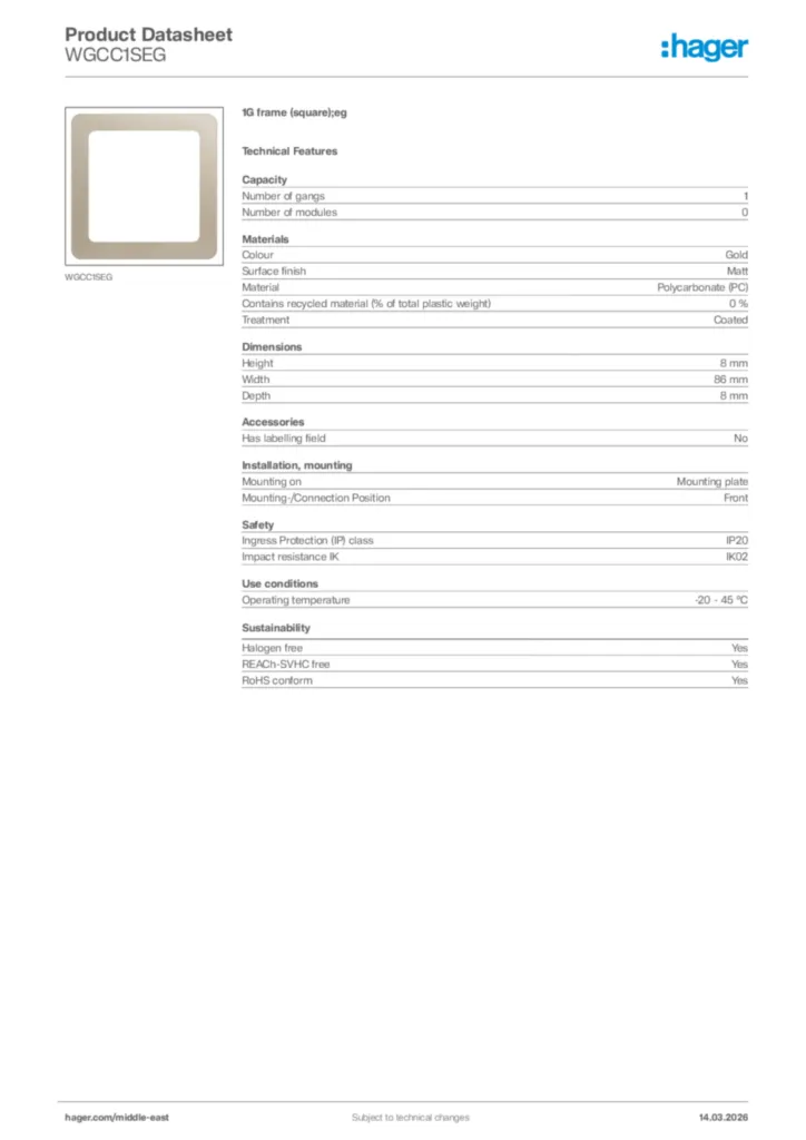 Image Hager Product data sheet WGCC1SEG  | Hager