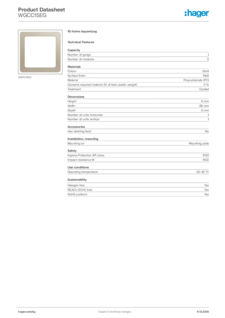 Image Hager Product data sheet WGCC1SEG  | Hager