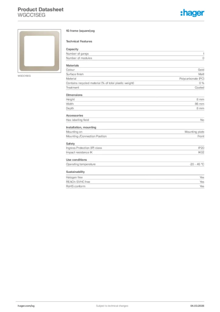 Image Hager Product data sheet WGCC1SEG  | Hager