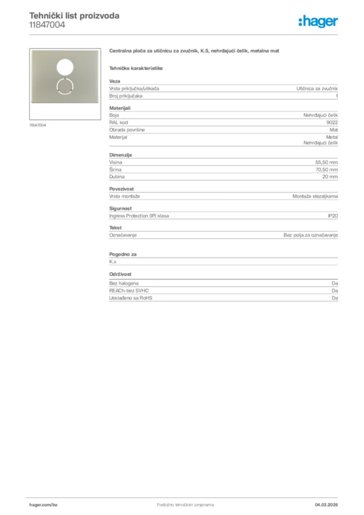 Slika Hager Tehnički list proizvoda 11847004  | Hager