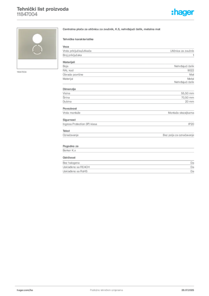 Slika Hager Product data sheet 11847004  | Hager