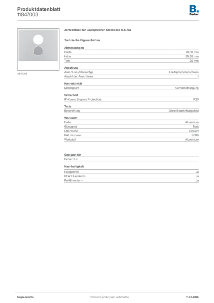Bild Berker Produktdatenblatt 11847003 | Hager Deutschland