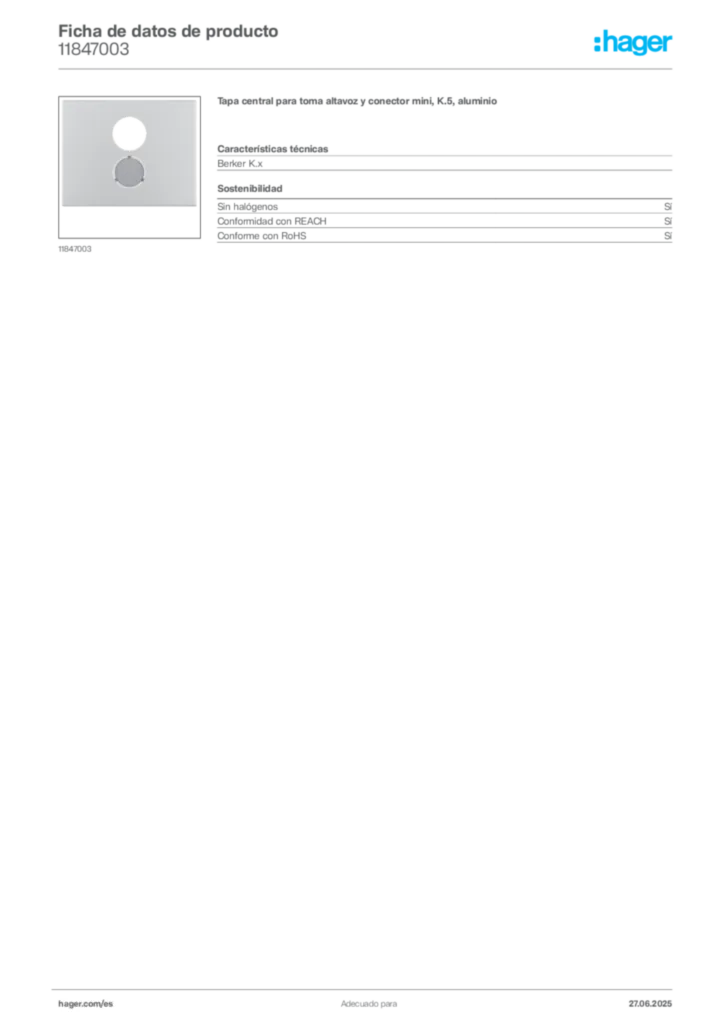 Imagen Hager Ficha de datos de producto 11847003 | Hager España