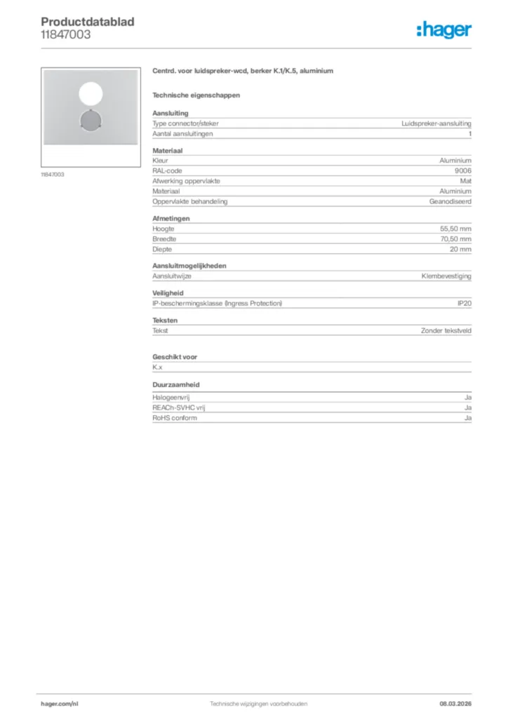 Afbeelding Hager Productdatablad 11847003 | Hager Nederland
