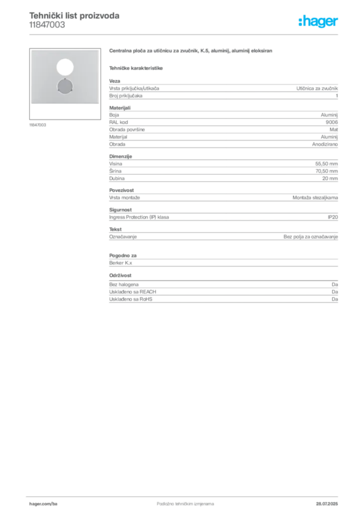 Slika Hager Product data sheet 11847003  | Hager