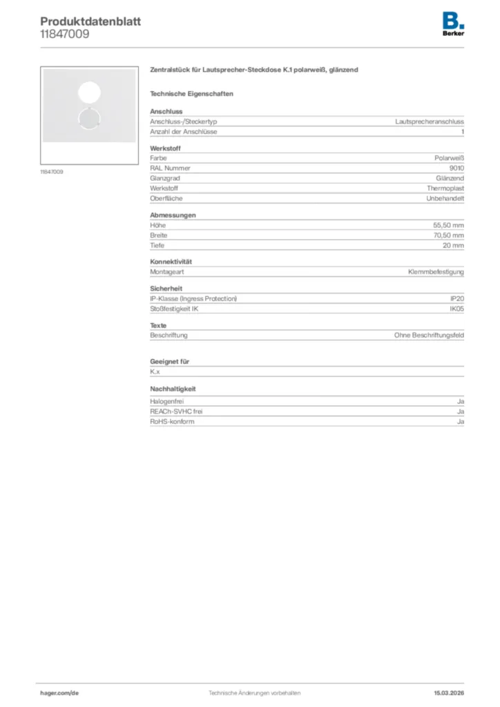 Bild Berker Produktdatenblatt 11847009 | Hager Deutschland