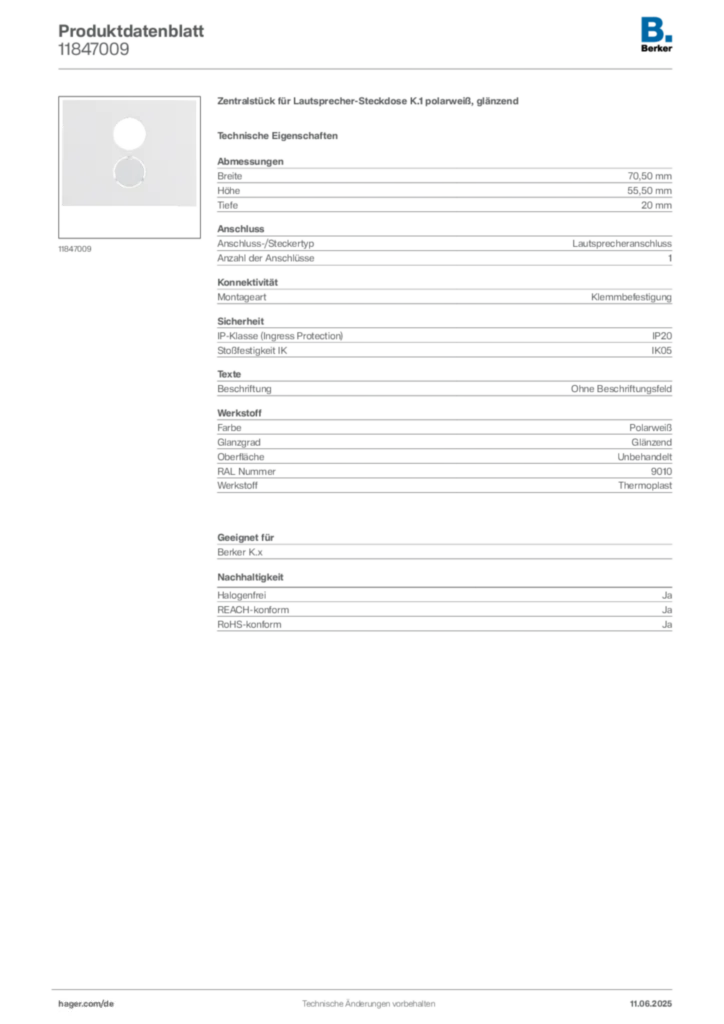 Bild Berker Produktdatenblatt 11847009 | Hager Deutschland