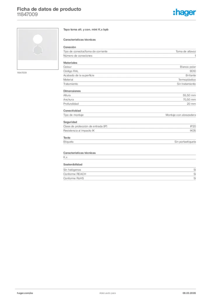 Imagen Hager Ficha de datos de producto 11847009 | Hager España