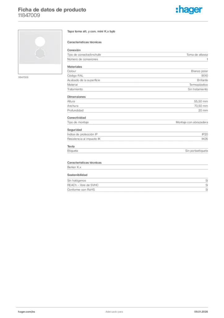 Imagen Hager Ficha de datos de producto 11847009 | Hager España
