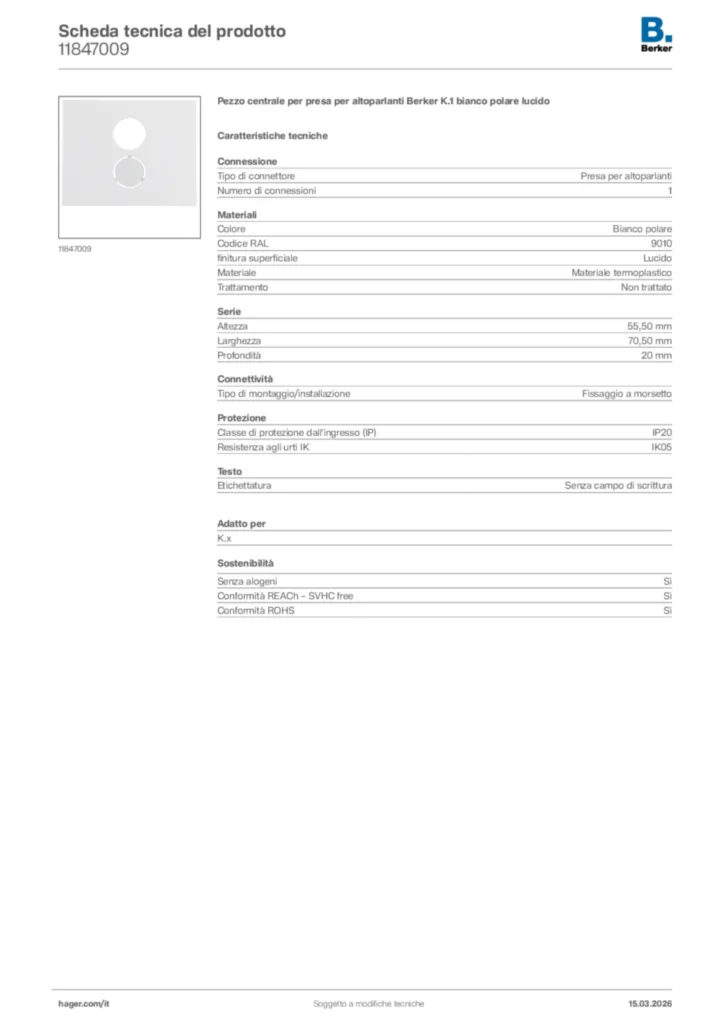 Immagine Berker Scheda tecnica del prodotto 11847009 | Hager Italia