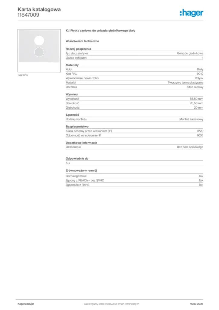 Zdjęcie Hager Karta katalogowa 11847009 | Hager Polska