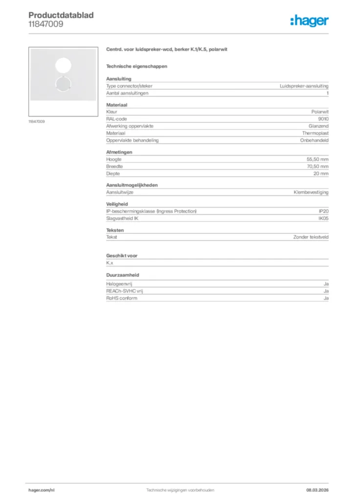 Afbeelding Hager Productdatablad 11847009 | Hager Nederland