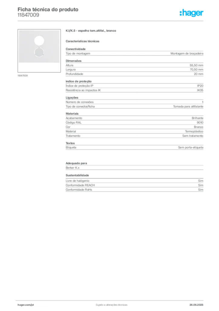 Imagem Hager Ficha técnica do produto 11847009 | Hager Portugal