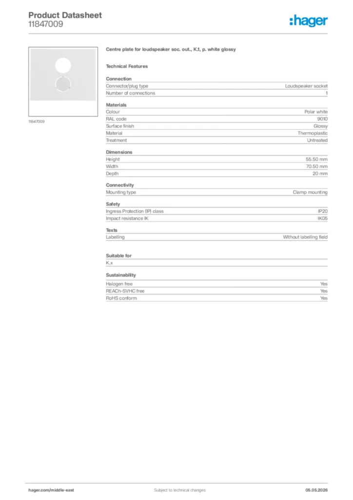 Image Hager Product data sheet 11847009  | Hager