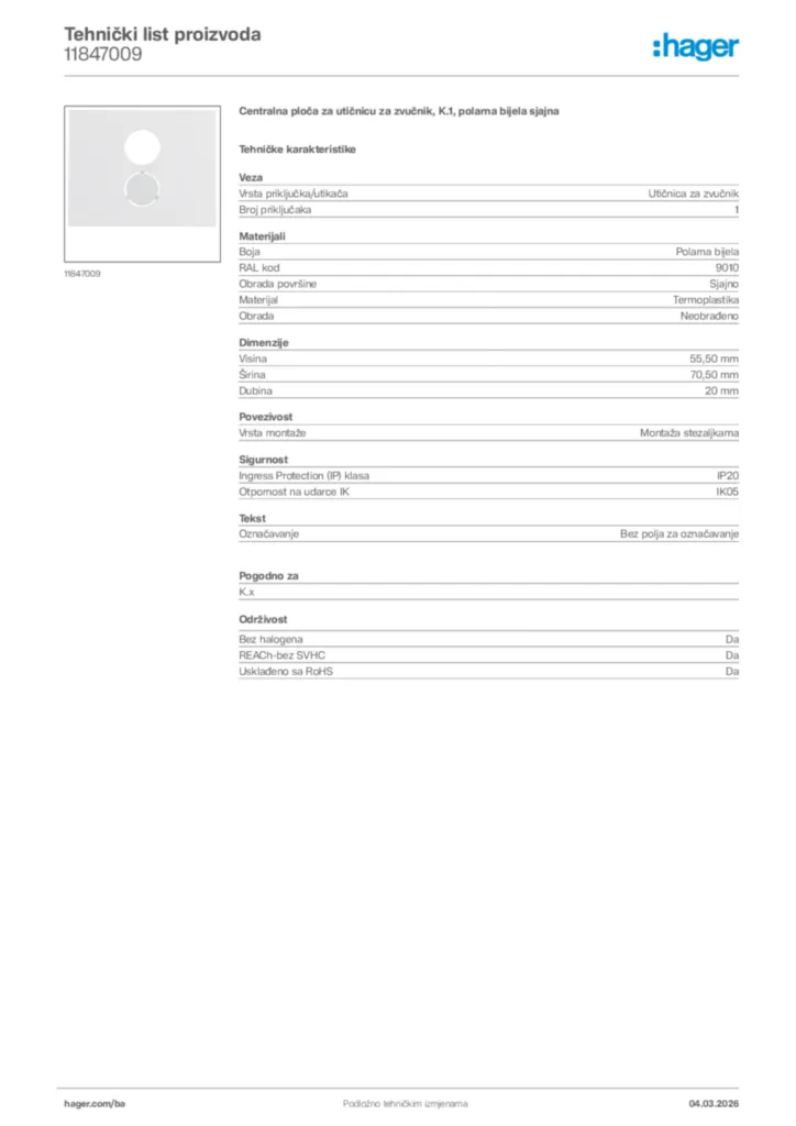 Slika Hager Tehnički list proizvoda 11847009  | Hager