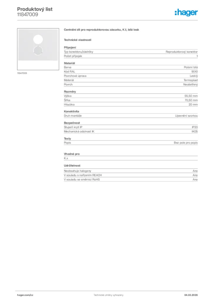 Obrázek Hager Product data sheet 11847009 | Hager