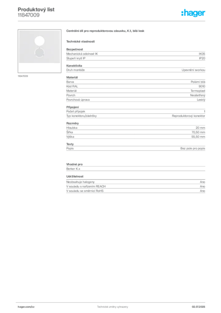 Obrázek Hager Produktový list 11847009 | Hager