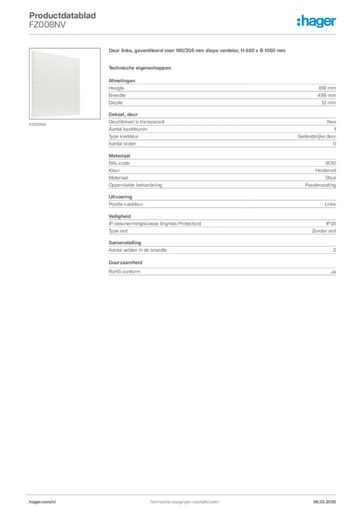 Afbeelding Hager Productdatablad FZ008NV | Hager Nederland