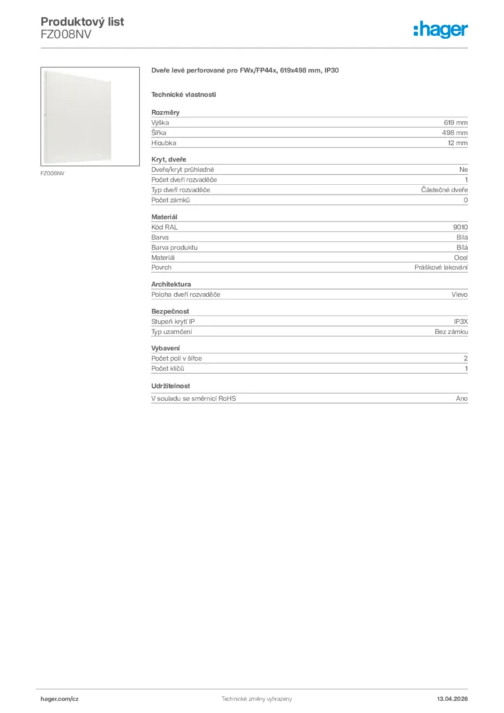 Obrázek Hager Product data sheet FZ008NV | Hager