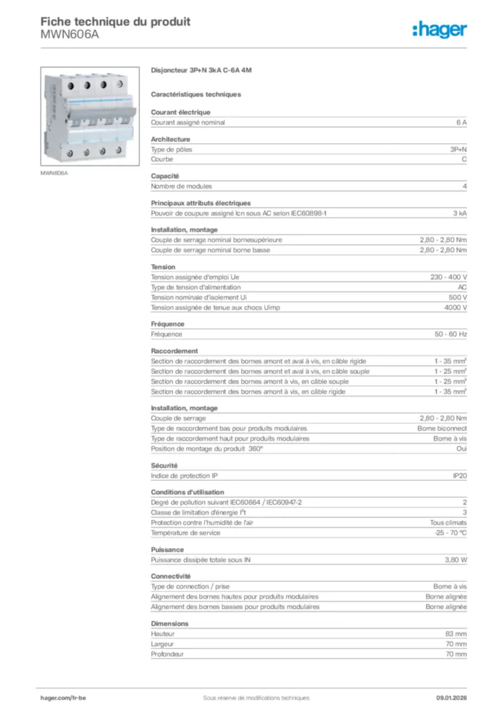 Image Hager Fiche technique du produit MWN606A | Hager Belgique