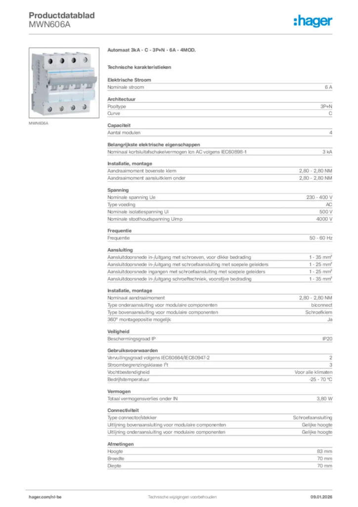Afbeelding Hager Productdatablad MWN606A | Hager Belgium