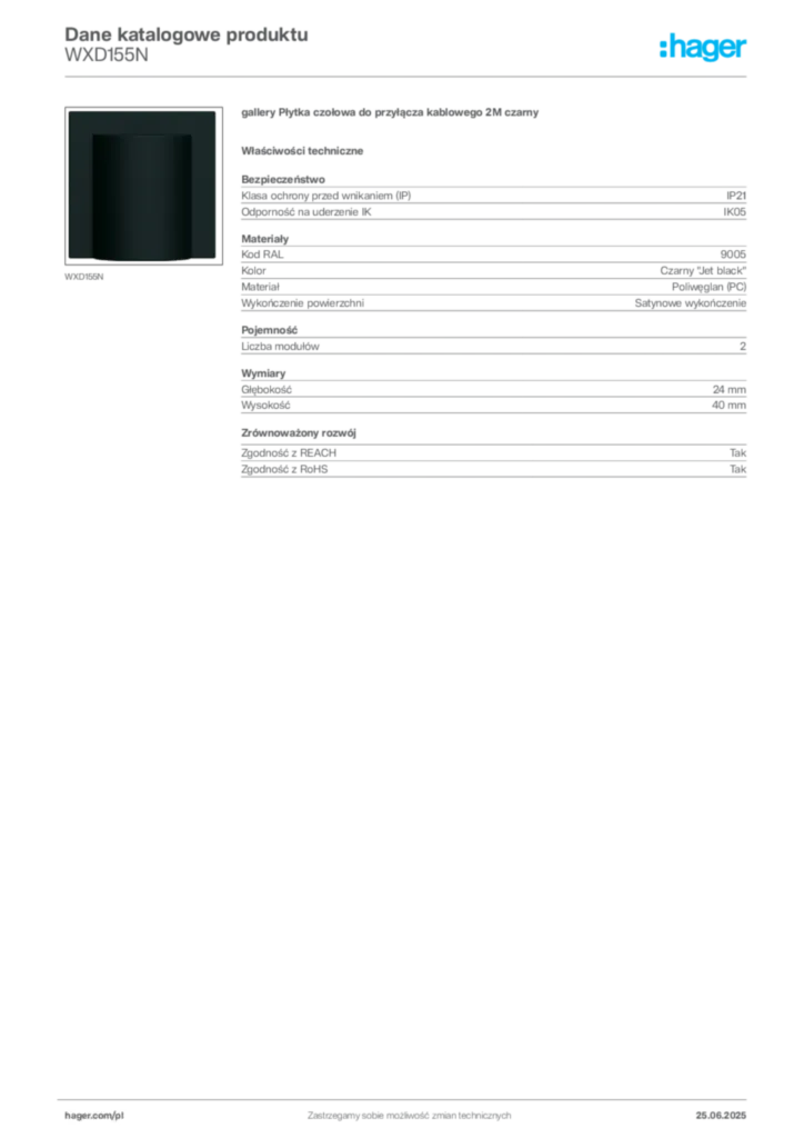 Zdjęcie Hager Karta katalogowa WXD155N | Hager Polska
