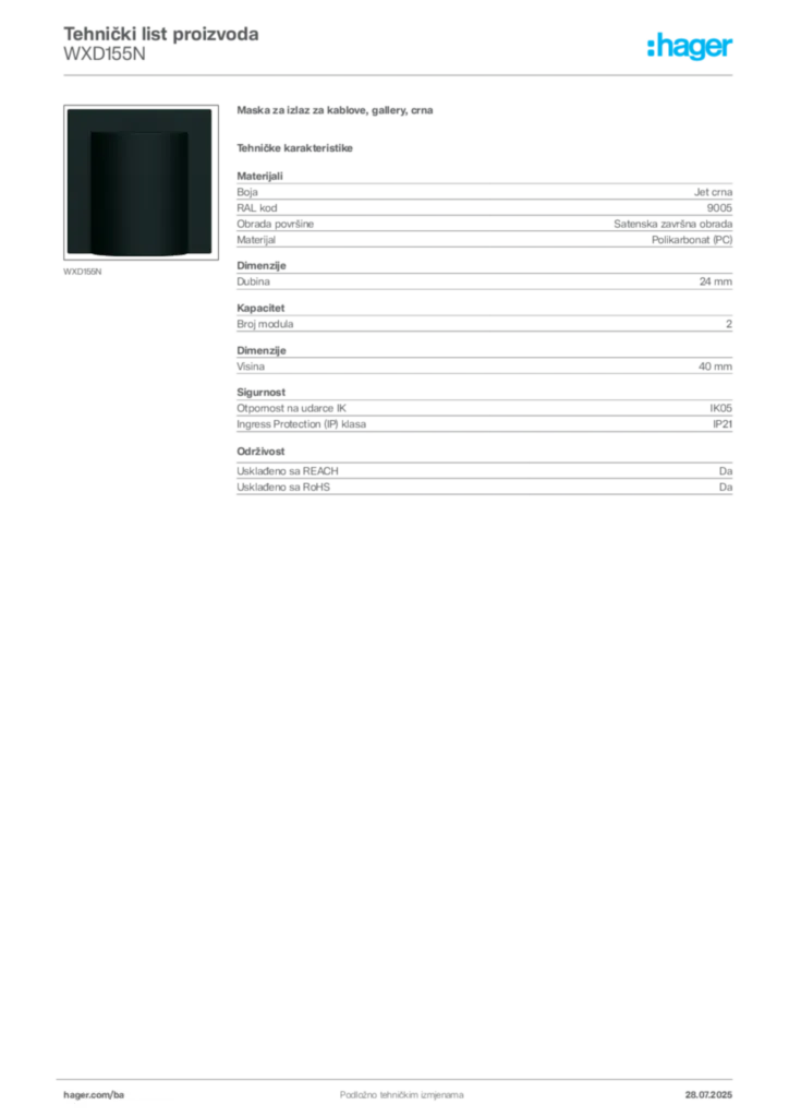 Slika Hager Product data sheet WXD155N  | Hager