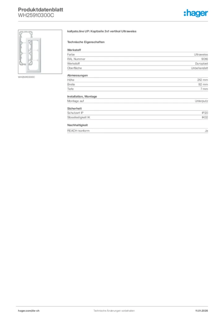 Bild Hager Produktdatenblatt WH25910300C | Hager Schweiz