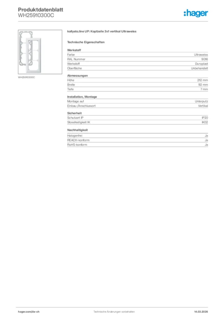 Bild Hager Produktdatenblatt WH25910300C | Hager Schweiz