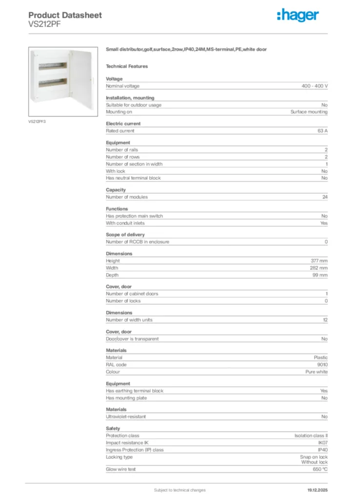 Image Hager Product data sheet VS212PF  | Hager Africa