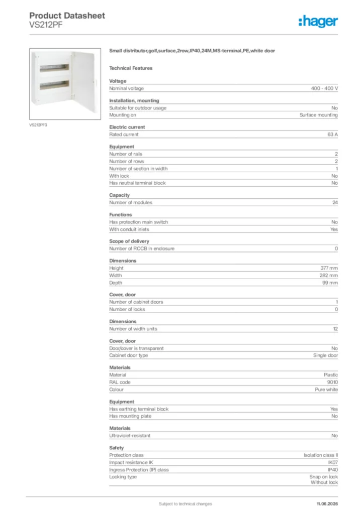 Image Hager Product data sheet VS212PF  | Hager Africa