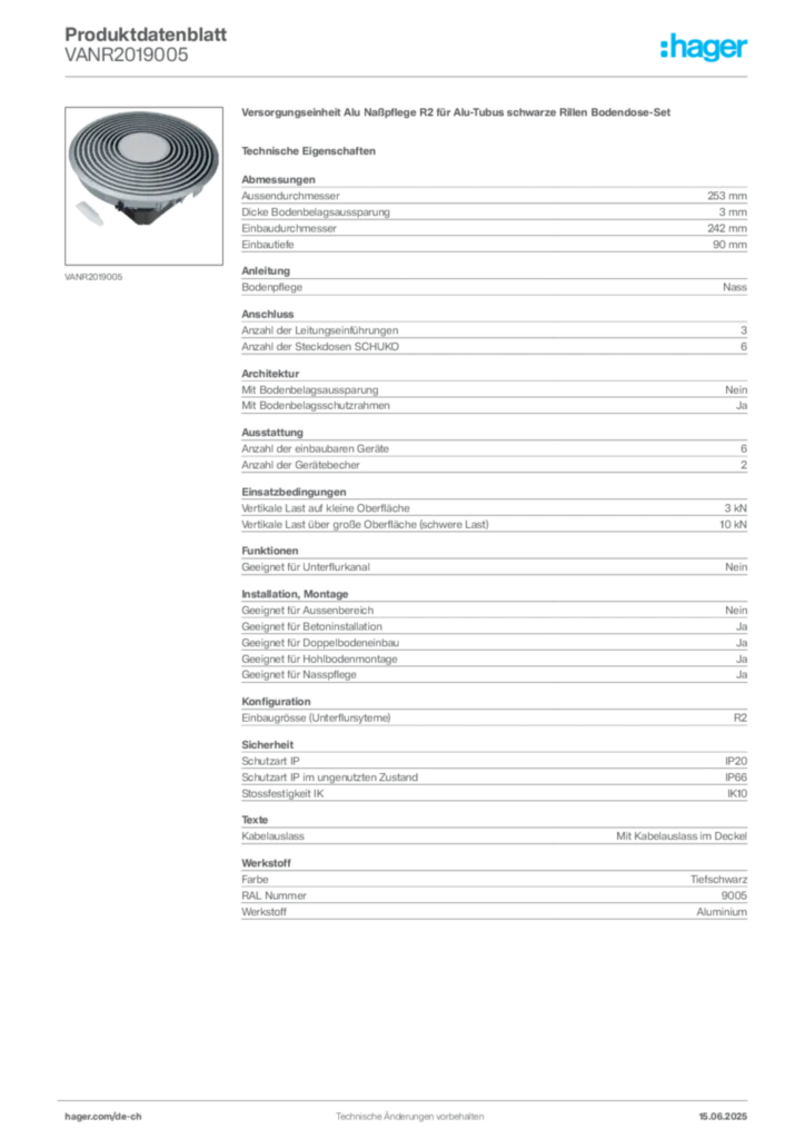 Bild Hager Produktdatenblatt VANR2019005 | Hager Schweiz