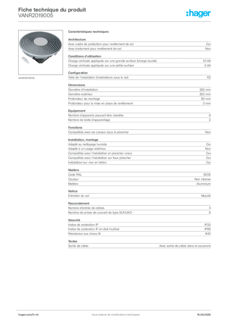 Image Hager Fiche technique du produit VANR2019005 | Hager Suisse