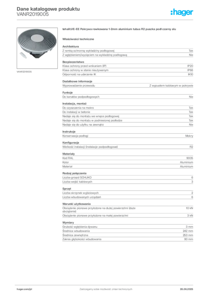 Zdjęcie Hager Karta katalogowa VANR2019005 | Hager Polska