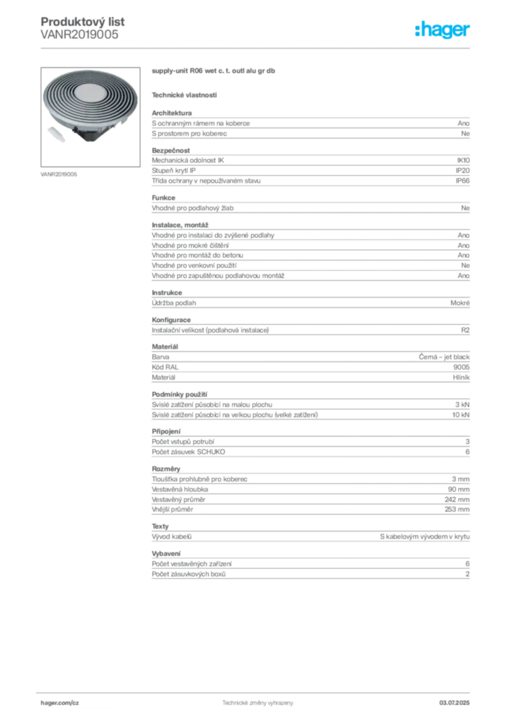 Obrázek Hager Produktový list VANR2019005 | Hager