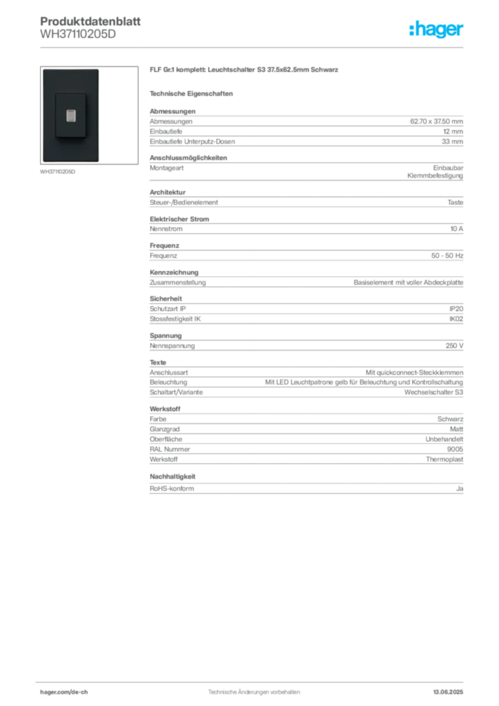 Bild Hager Produktdatenblatt WH37110205D | Hager Schweiz