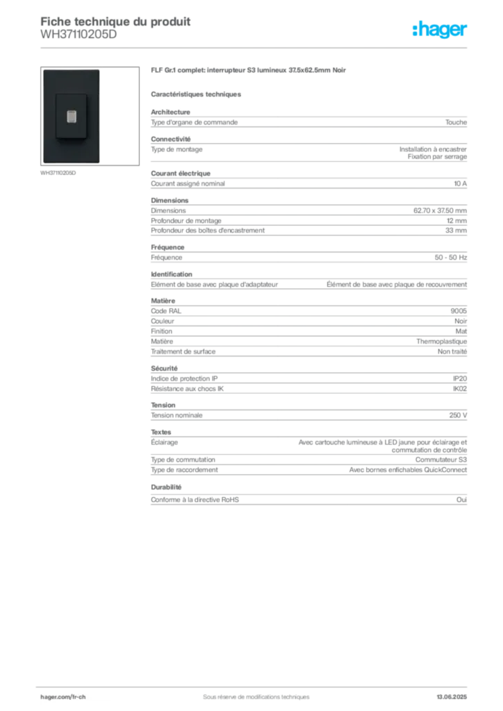Image Hager Fiche technique du produit WH37110205D | Hager Suisse