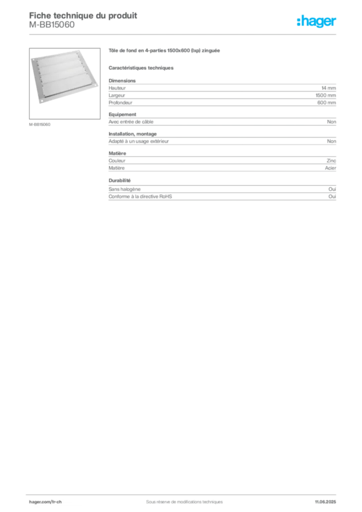 Image Hager Fiche technique du produit M-BB15060 | Hager Suisse