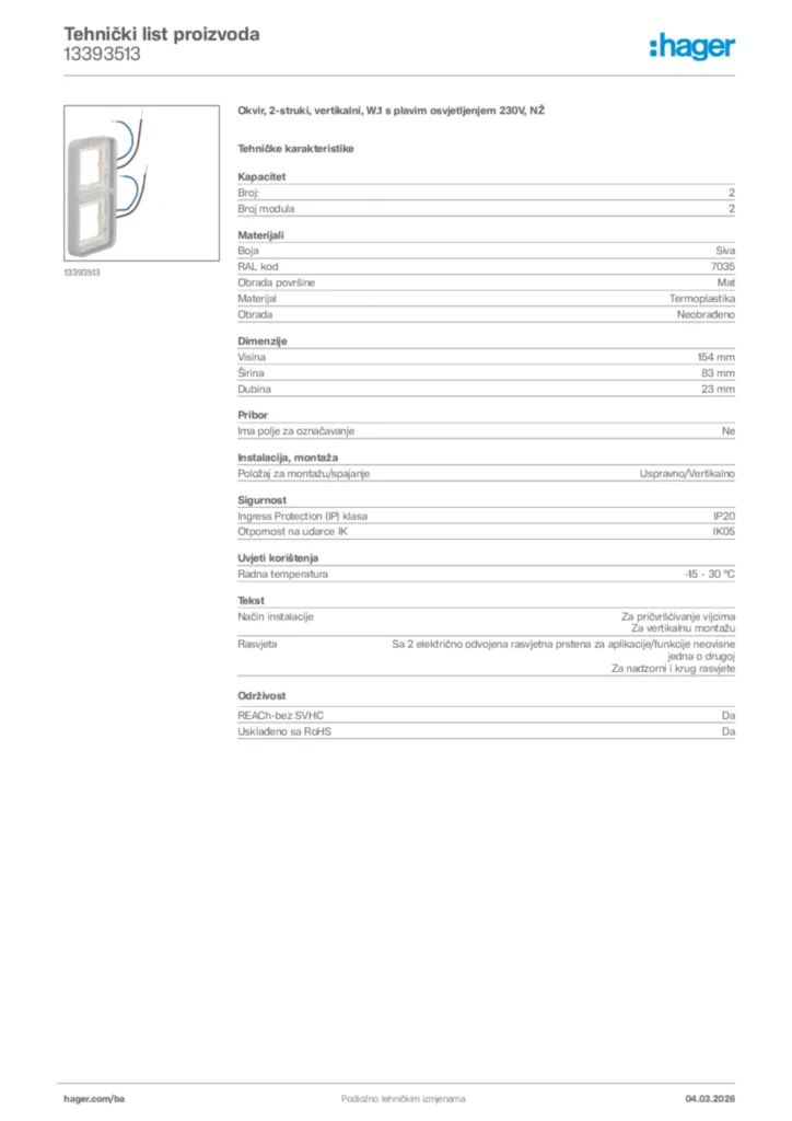 Slika Hager Tehnički list proizvoda 13393513  | Hager