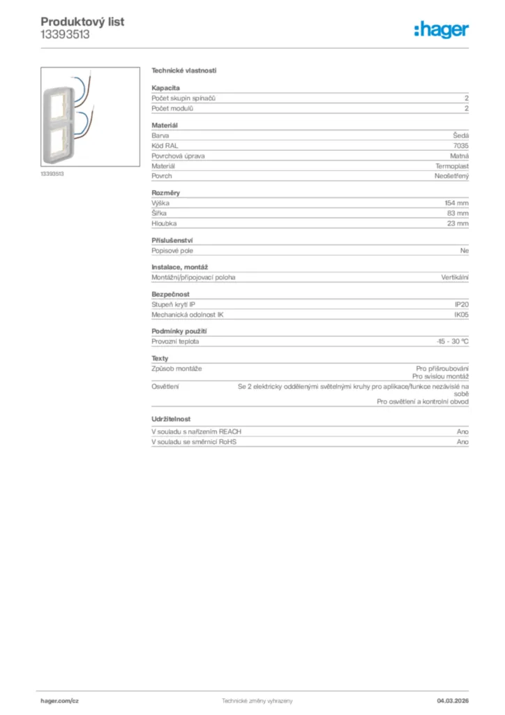 Obrázek Hager Product data sheet 13393513 | Hager