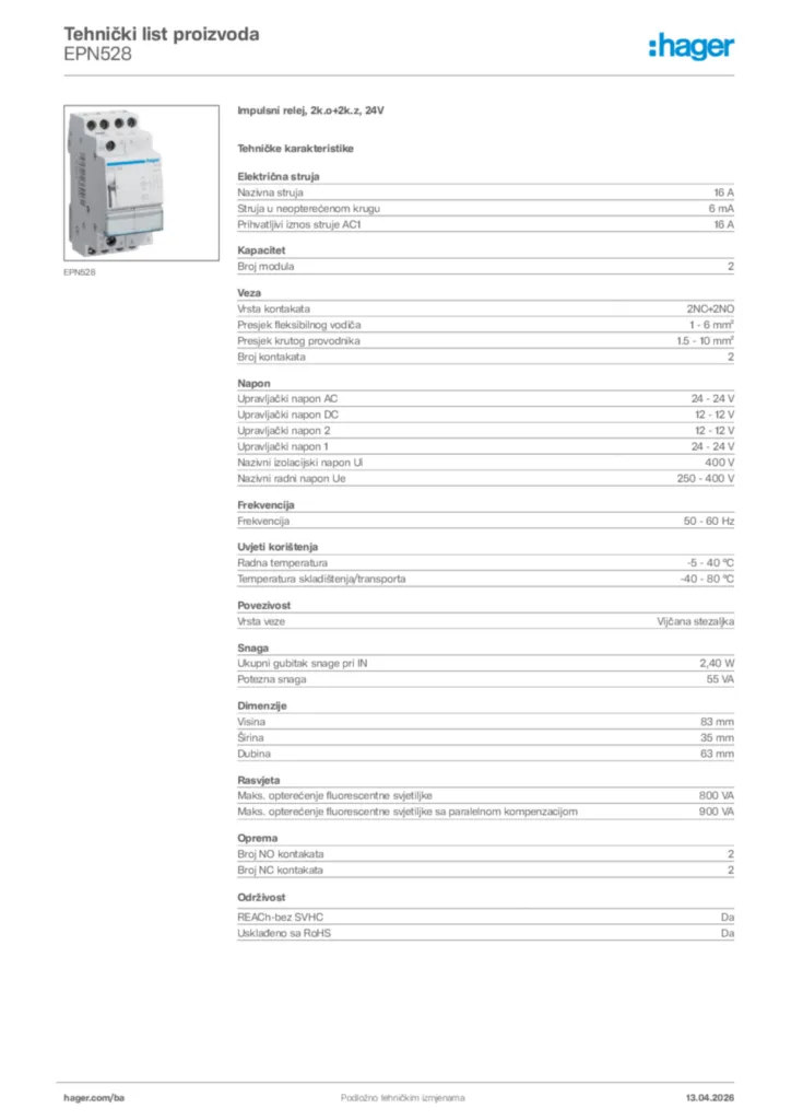 Slika Hager Tehnički list proizvoda EPN528  | Hager
