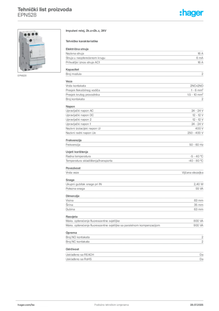 Slika Hager Product data sheet EPN528  | Hager