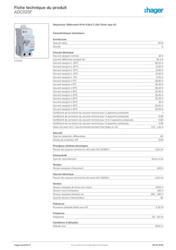 Image Hager Fiche technique du produit ADC825F | Hager Afrique