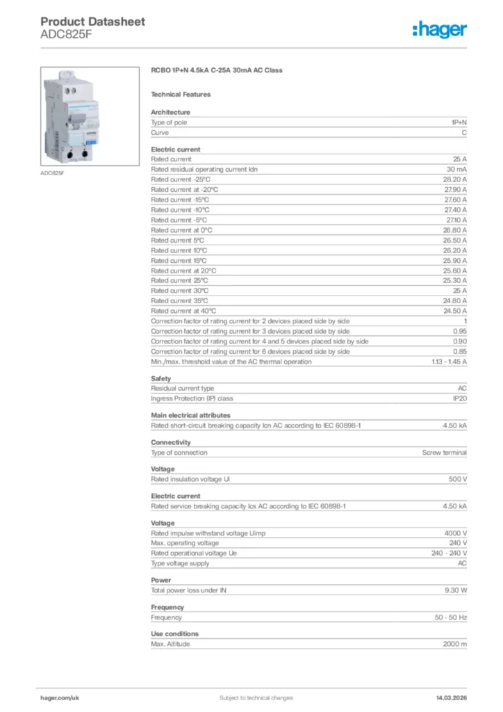 Image Hager Product data sheet ADC825F  | Hager