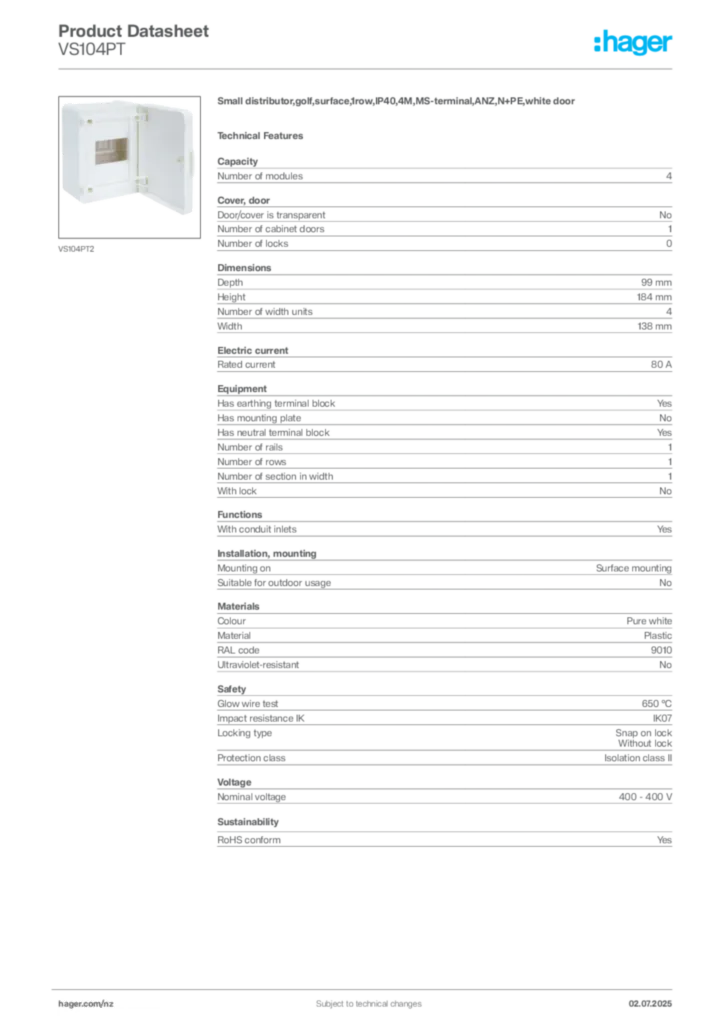 Image Hager Product data sheet VS104PT  | Hager New Zealand