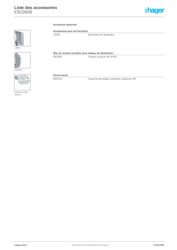Image Hager Fiche technique du produit ESC240S | Hager France