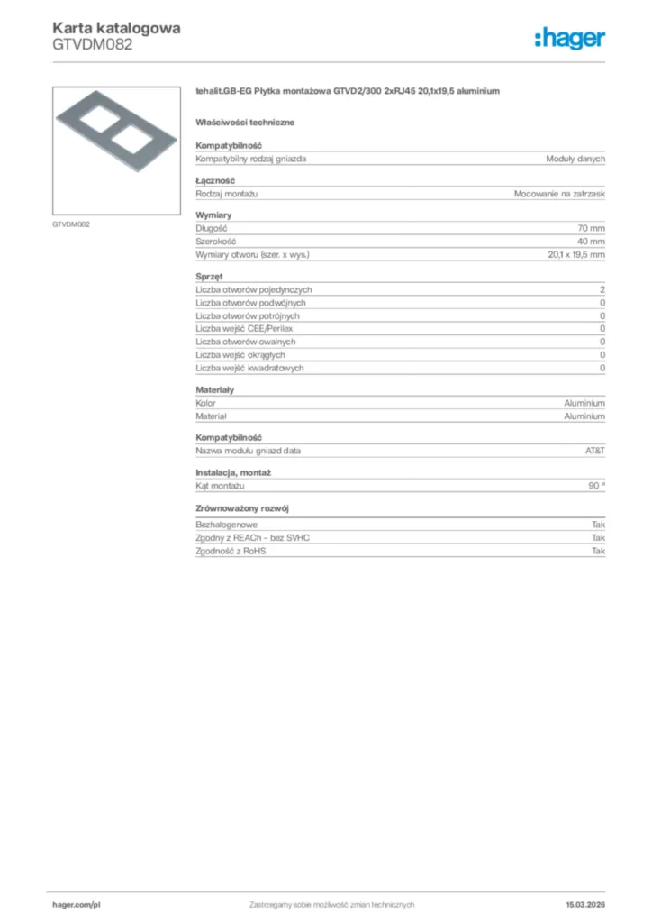 Zdjęcie Hager Karta katalogowa GTVDM082 | Hager Polska
