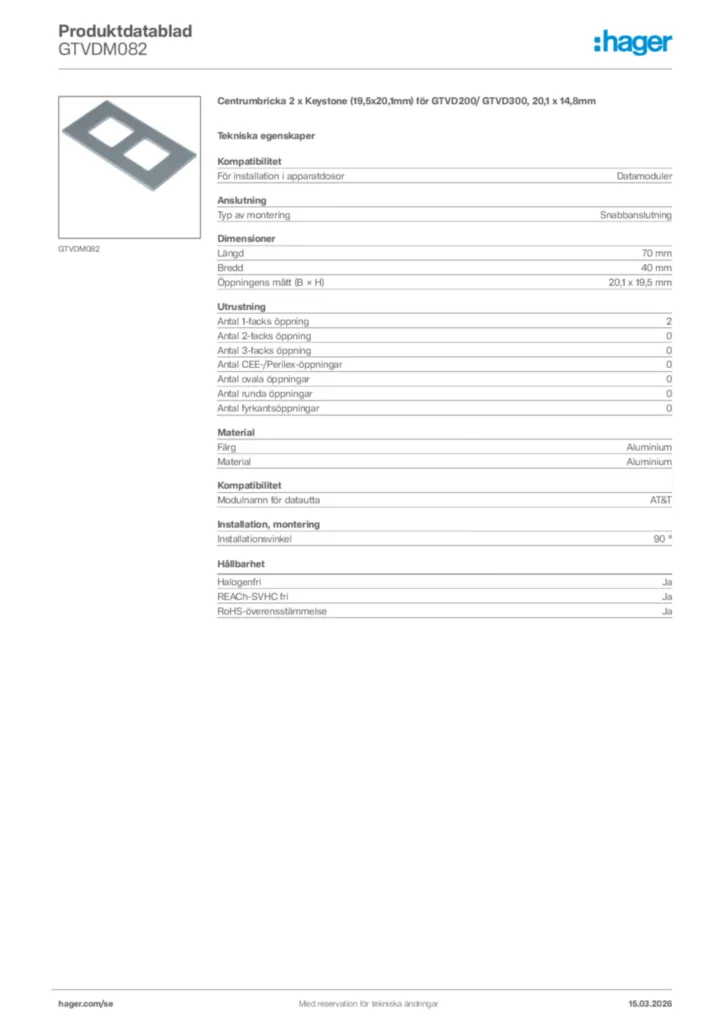 Bild Hager Produktdatablad GTVDM082 | Hager Sverige